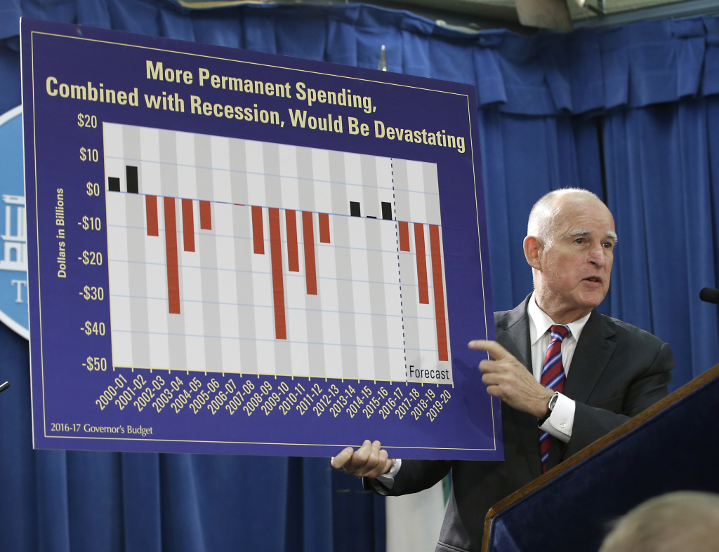 Gov. Jerry Brown holds a chart as he discusses his proposed 2016-17 state budget at a news conference in Sacramento on Jan. 7, 2016.