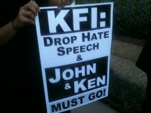 A protester's sign outside the Clear Channel offices in Burbank, Calif., Oct. 13, 2011