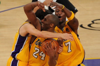 Mercer 8323 Kobe Bryant #24, Lamar Odom #7 and Sasha Vujacic #18 of the Los Angeles Lakers celebrate after winning the 2010 NBA Championship 83-79 against the Boston Celtics in Game Seven of the 2010 NBA Finals at Staples Center on June 17, 2010 in Los Angeles, California.