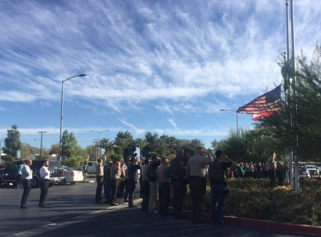 Sgt. Steve Owen honored Los Angeles County Sheriff's Deputies salute Antelope Valley Hospital's lowering of the U.S. flag to half-staff on Wednesday, Oct. 5, 2016, in memory of Sheriff's Sgt. Steve Owen, who died at the hospital after being shot earlier in the day by a suspected burglar.