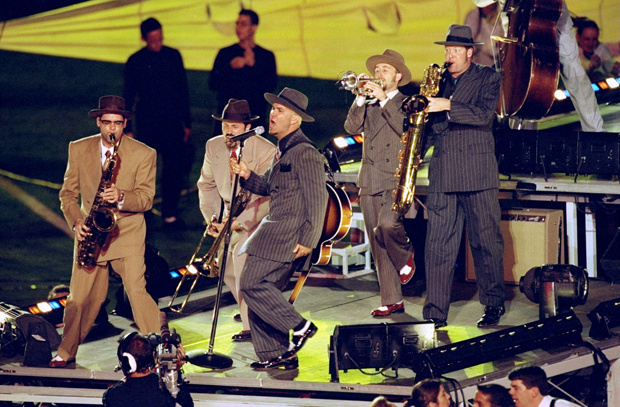 31 Jan 1999: Big Bad Voodoo Daddy performing during the half time special of the Super Bowl XXXIII Game between the Denver Broncos and the Atlanta Falcons at the Pro Player Stadium in Miami, Florida. The Broncos defeated the Falcons 34-19.