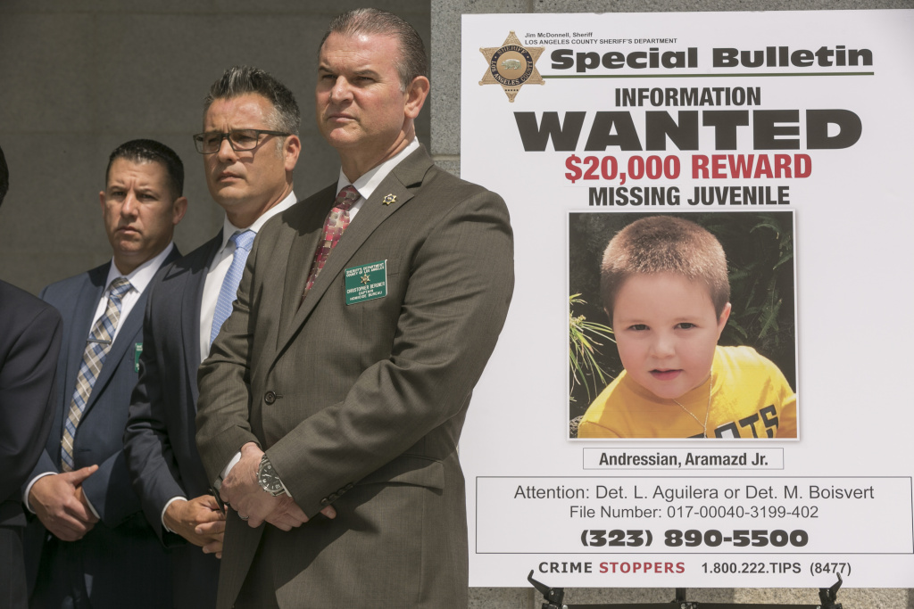 Missing Boy Los Angeles County Sheriff's Department Homicide Bureau Capt. Christopher Bergner, center, stands by a poster of Aramazd Andressian Jr., a 5-year-old boy who has been missing for several weeks from South Pasadena, at a news conference outside the Hall of Justice in Los Angeles Wednesday, May 17, 2017, as Los Angeles sheriff's officials make a public plea for information about his whereabouts. Aramazd Andressian Jr., was last seen leaving Disneyland with his father on April 20.