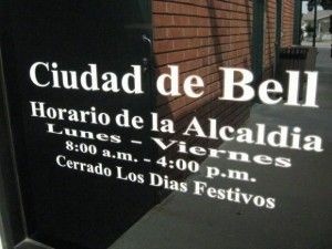 On a window outside the entrance to City Hall in Bell, September 22, 2010