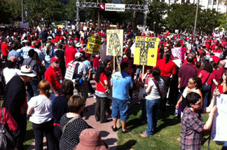 Hundreds of teachers gather in downtown Los Angeles' Pershing Square on Friday, May 13, 2011 as part of a statewide campaign to rally against cuts in education funding.