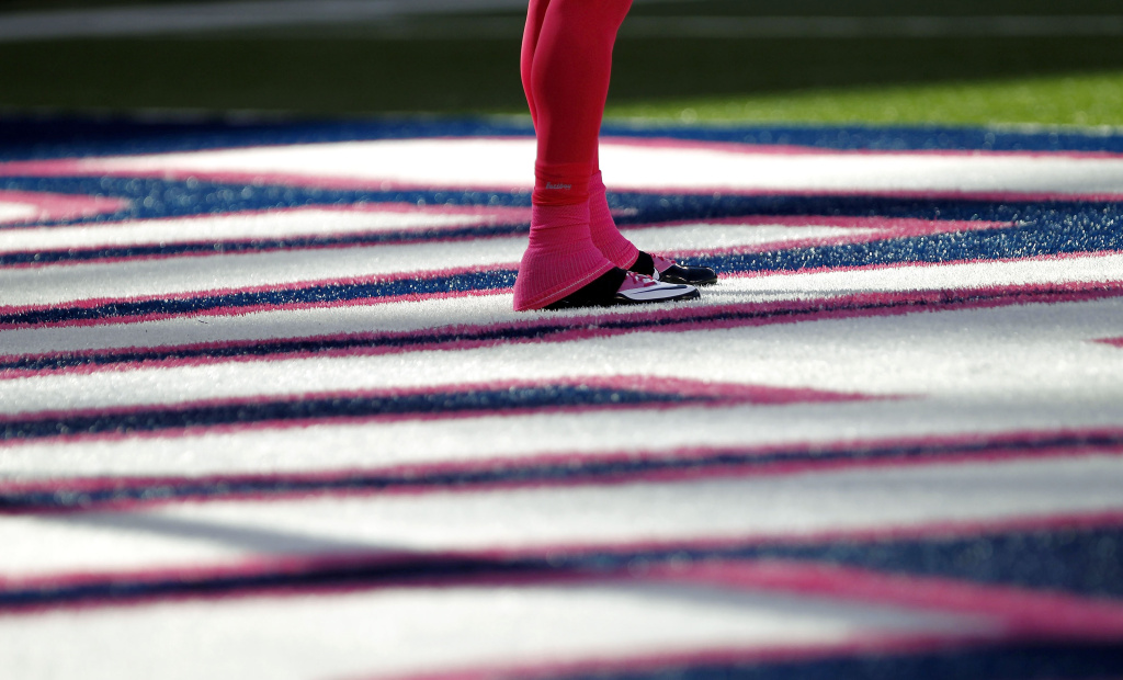 Seattle Seahawks v New York Giants Devin Thomas #15 of the New York Giants stands in the endzone to return a punt during a game against the Seattle Seahawks at MetLife Stadium on October 9, 2011, in East Rutherford, New Jersey. He wears pink to promote breast cancer awareness.