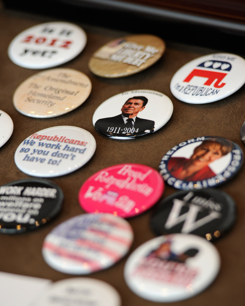 Buttons showing former president Ronald Reagan were on display at the California Republican Party Convention on September 16, 2011.