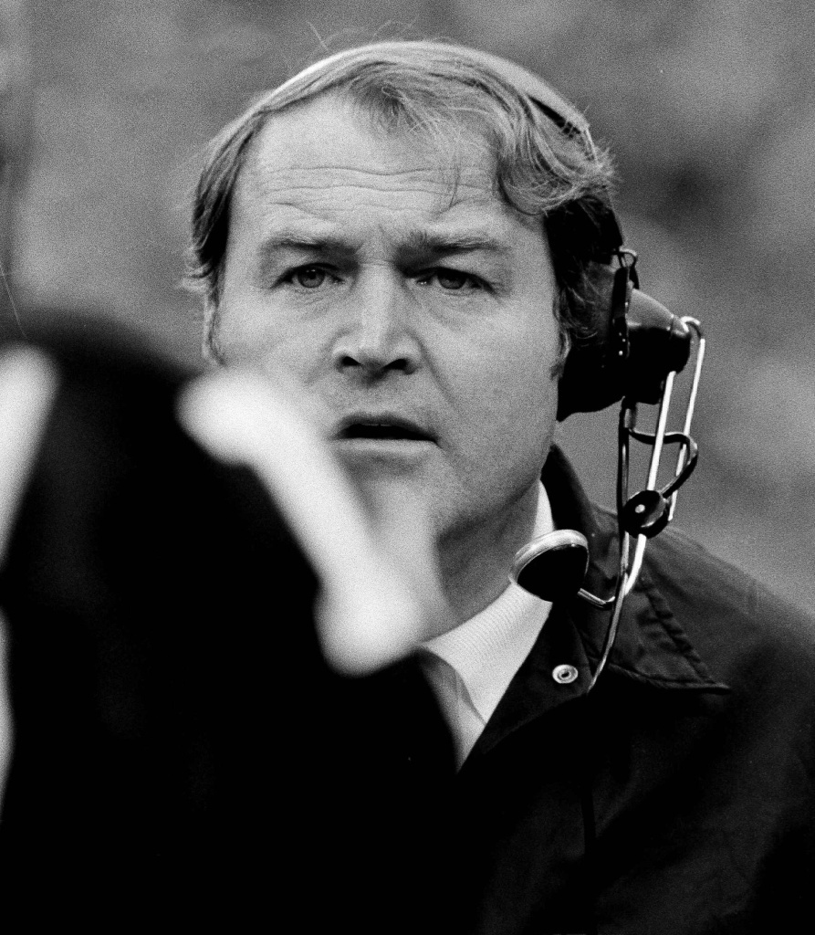 Pittsburgh Steelers head coach Chuck Noll shown in 1974 watching his team in action on the sidelines.
