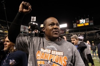 Juan Uribe of the San Francisco Giants celebrates on the field after the Giants won the 2010 MLB World Series against the Texas Rangers on Nov. 1, 2010 at Rangers Ballpark in Arlington, Texas. AP sources say Uribe may be coming to the Los Angeles Dodgers next season.