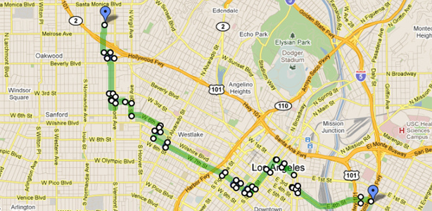 Route, street closures and car crossing points for the second CicLAvia