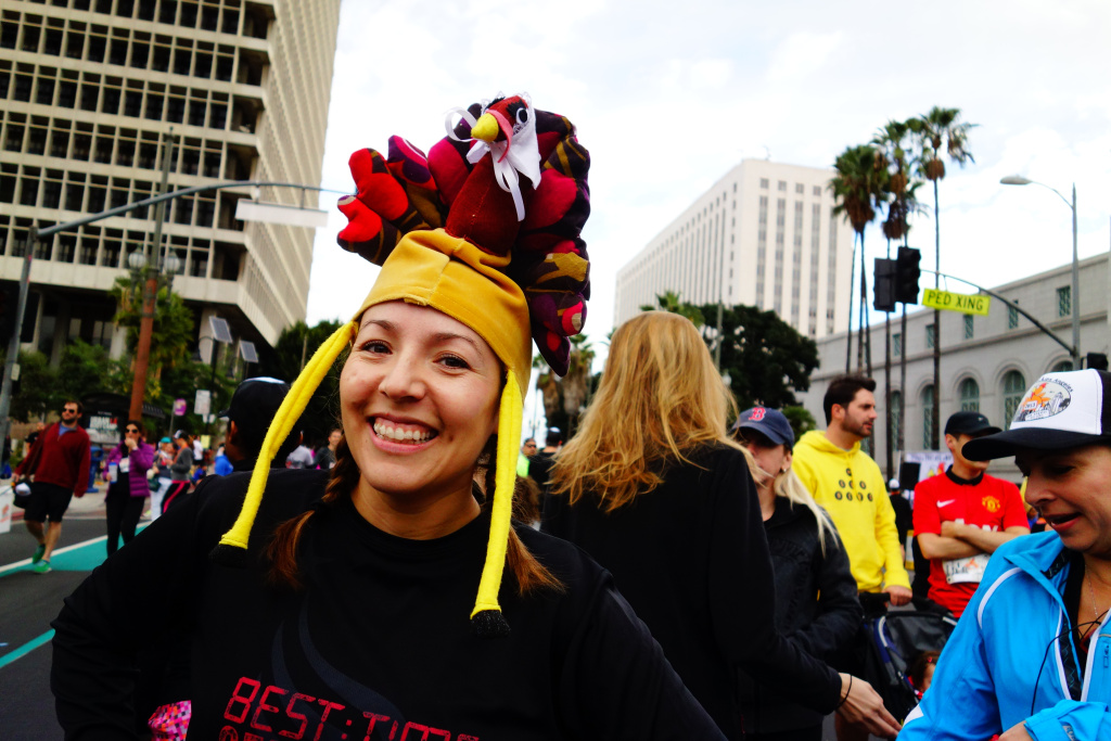 Jazmin Ortega at Turkey Trot LA Jazmin Ortega models a turkey hat crafted for her by her sister. Ortega said the legs flapped in her face while running in the Nov. 28, 2013 Turkey Trot LA. in Downtown Los Angeles.