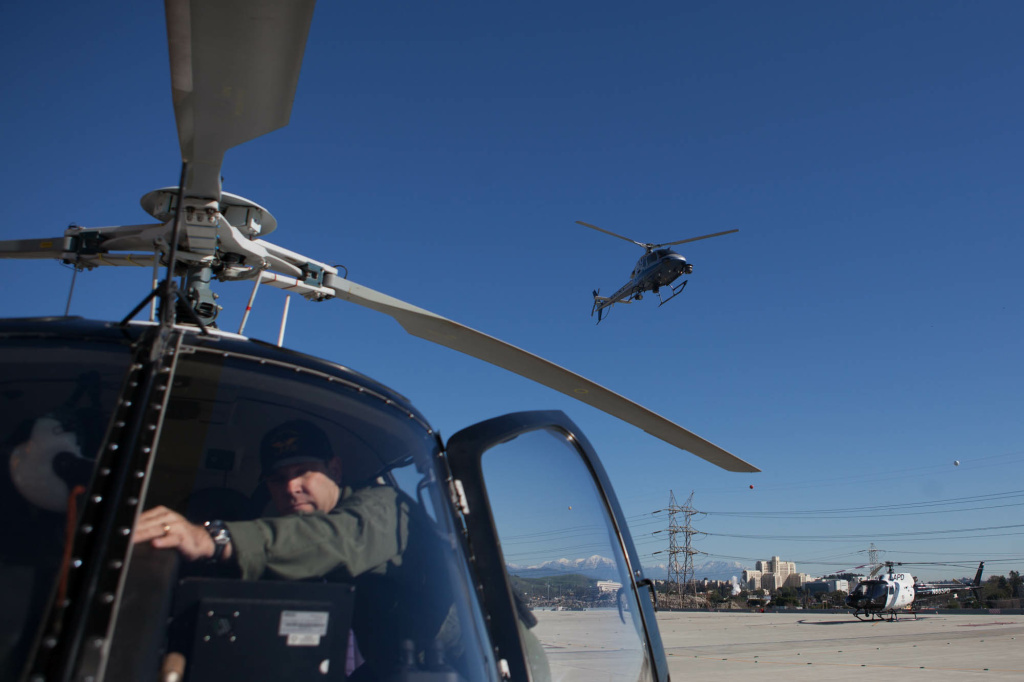 LAPD Helicopter A police helicopter takes off from the Los Angeles Police Department helipad in Downtown. During the day, there is always one helicopter in the air patrolling the city skies.