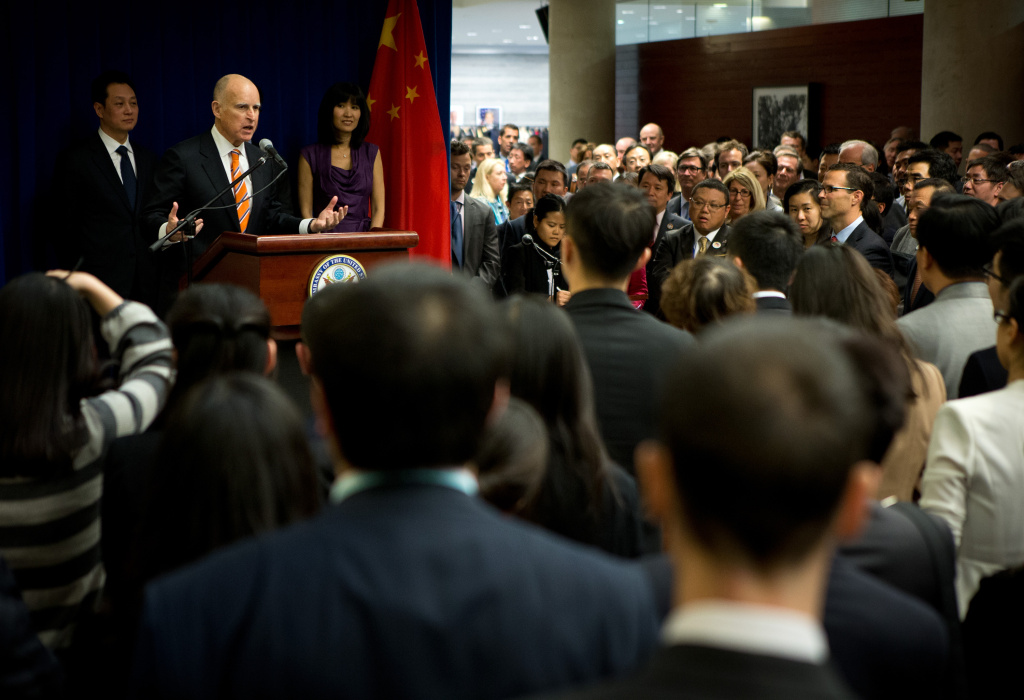 California Governor Jerry Brown Leads Trade Mission To China California Governor Jerry Brown delivers his speech during a Trade and Investment reception at the U.S. Embassy on April 10, 2013 in Beijing, China. Brown is in China leading a business delegation and will meet with Chinese government and business leaders to discuss bilateral trade and investment opportunities between China and his state of California.