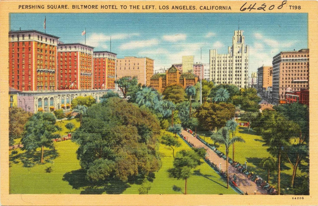 Pershing Square postcard A print postcard (circa 1930 - 45) of Pershing Square with the Biltmore Hotel to the left, Los Angeles, California.
