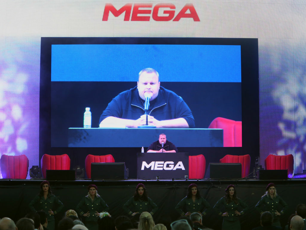 Kim Dotcom Party Megaupload founder Kim Dotcom speaks during the launch of his new website at a press conference at his mansion in Auckland on January 20, 2013.