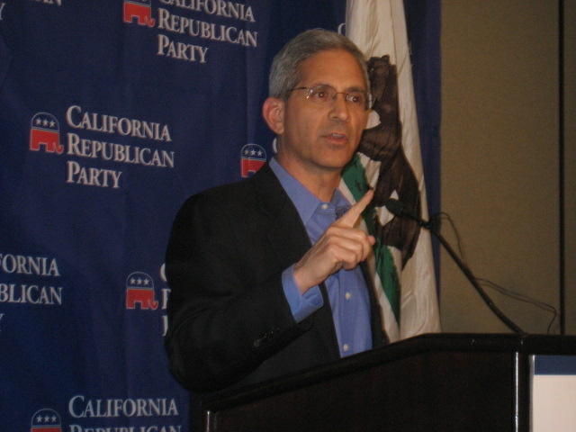 Steve Poizner speaks with reporters at the state GOP convention in Santa Clara, Calif., March 12, 2010.