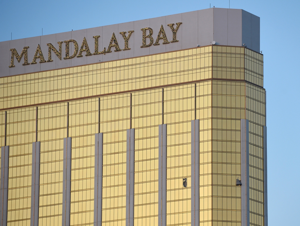Mass Shooting At Mandalay Bay In Las Vegas Broken windows are seen on the 32nd floor of the Mandalay Bay Resort and Casino after a lone gunman opened fired on the Route 91 Harvest country music festival on Oct. 2, 2017 in Las Vegas, Nevada. The gunman, identified as Stephen Paddock, 64, of Mesquite, Nevada, opened fire from the Mandalay Bay Resort and Casino on the music festival.