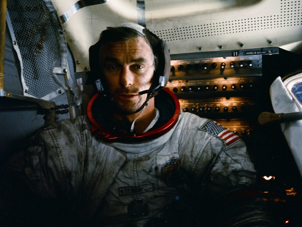 Gene Cernan in the Apollo 17 lunar module after one of three moonwalks. Gene Cernan in the Apollo 17 lunar module after one of three moonwalks.