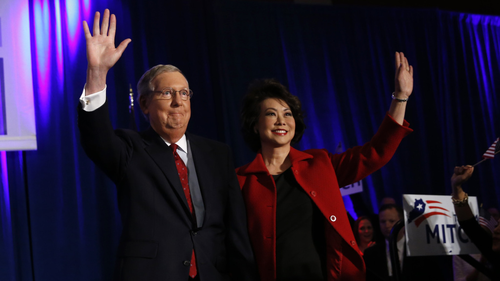 Sen. Mitch McConnell (R-KY) arrives at his midterm election night rally with his wife, former U.S. Secretary of Labor Elaine Chao, in Louisville. McConnell, who won reelection, might become the next Senate Majority Leader. Sen. Mitch McConnell (R-KY) arrives at his midterm election night rally with his wife, former U.S. Secretary of Labor Elaine Chao, in Louisville. McConnell, who won reelection, might become the next Senate Majority Leader.