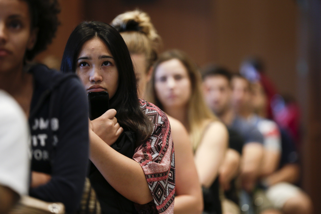 College Sex Defining Consent New students at San Diego State University watch a video on sexual consent during an orientation meeting Friday, Aug. 1, 2014, in San Diego. Defining consensual sex is a growing trend by universities under pressure to do more to protect victims. Throughout the country, schools have been adopting policies on their own that set the parameters for distinguishing when consent was given for a sexual activity and when it was not. (AP Photo/Gregory Bull)