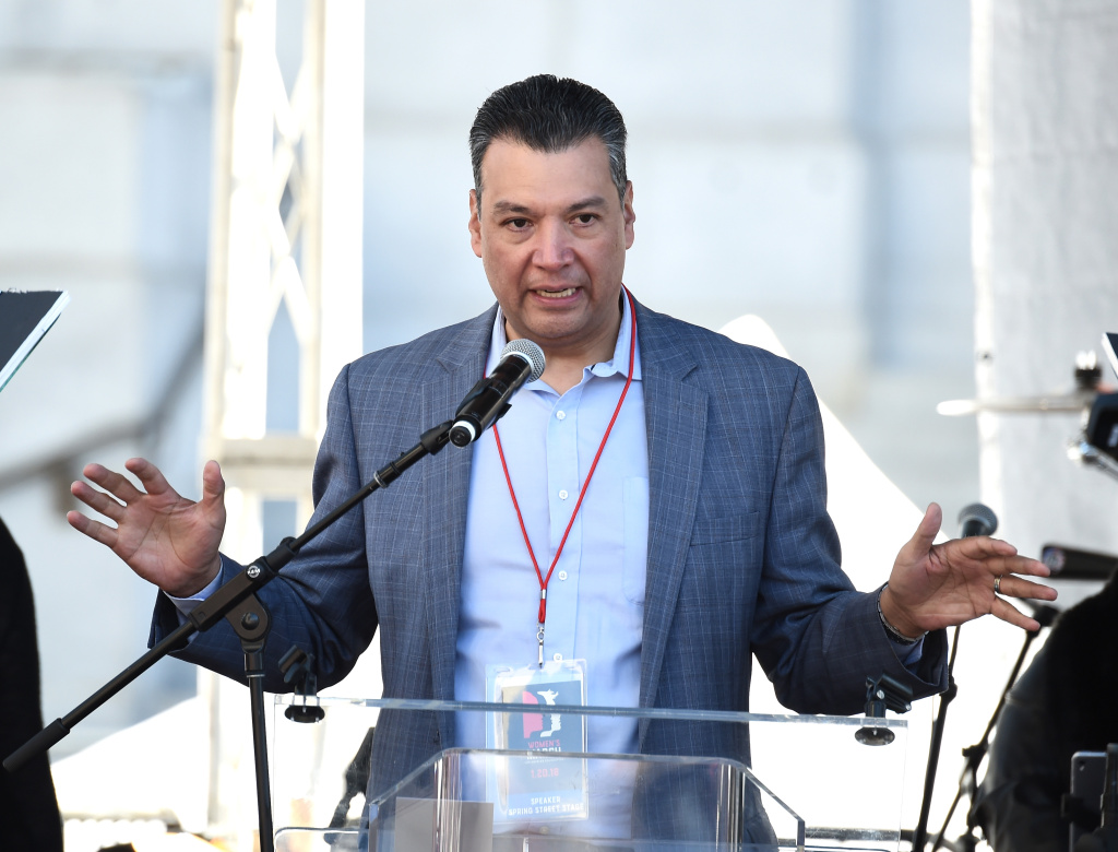 Secretary of State of California Alex Padilla speaks onstage at 2018 Women's March Los Angeles at Pershing Square on January 20, 2018 in Los Angeles, California. Secretary of State of California Alex Padilla speaks onstage at 2018 Women's March Los Angeles at Pershing Square on January 20, 2018 in Los Angeles, California.