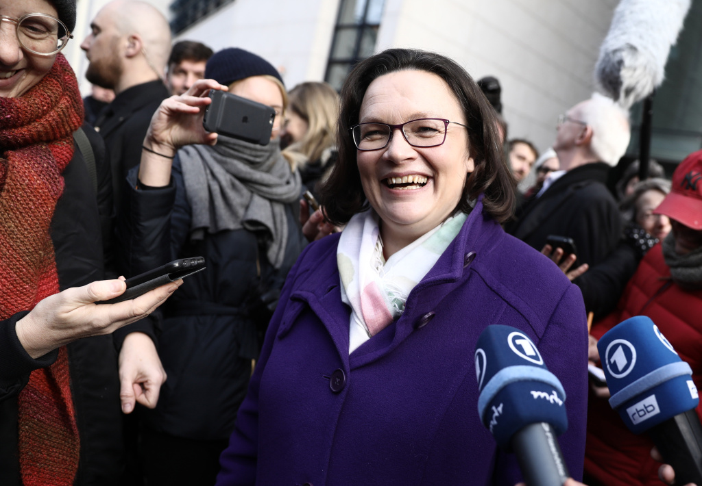 GERMANY-POLITICS-COALITION-SPD-REFERENDUM-RESULTS Andrea Nahles, parliamentary group leader of Germany's Social Democrats (SPD) party and also designated SPD leader, smiles as she gives a statement after a party referendum on whether or not to join a new coalition government with German Chancellor Angela Merkel's conservatives, on March 4, 2018.