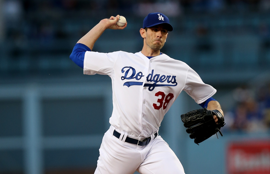 San Diego Padres v Los Angeles Dodgers Brandon McCarthy #38 of the Los Angeles Dodgers throws a pitch against the San Diego Padres at Dodger Stadium on April 8, 2015 in Los Angeles, California.
