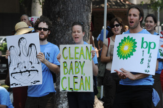Protesters attend a rally organized by the Sierra Club against the BP Deepwater Horizon platform disaster off the coast of Louisiana, in New Orleans on May 8, 2010.