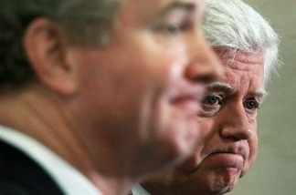 Mercer 16734 U.S. Rep. Chris Van Hollen (D-MD) (L) and Rep. John Larson (D-CT) (R) show their concern over the federal government's budget impasse. The House Democratic Caucus had a closed meeting to discuss the budget.