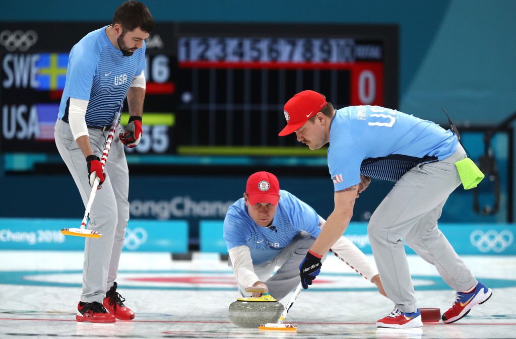 Curling - Winter Olympics Day 15 GANGNEUNG, SOUTH KOREA - FEBRUARY 24: John Shuster of the United States delivers a stone against Sweden during the Curling Men's Gold Medal game on day fifteen of the PyeongChang 2018 Winter Olympic Games at Gangneung Curling Centre on February 24, 2018 in Gangneung, South Korea. (Photo by Richard Heathcote/Getty Images)
