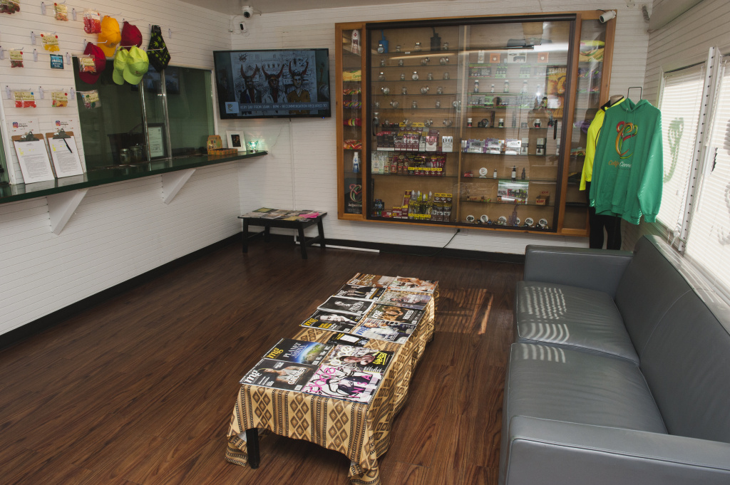 Virgil Grant Marijuana samples and paraphernalia line the walls at Med X, a dispensary in Westmont that Virgil Grant owns on Friday, Dec. 1, 2017.