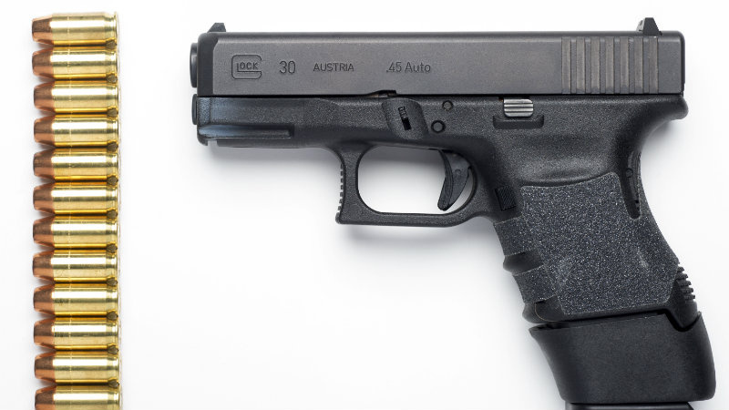 Gavin Newsom understates California’s big drop in gun homicides A Glock 30SF .45 Auto semi-automatic pistol with a Glock 13-round extension magazine installed, and 13 rounds of hollow-point ammunition are seen in Alexandria, Va., Wednesday, Feb. 10, 2016.