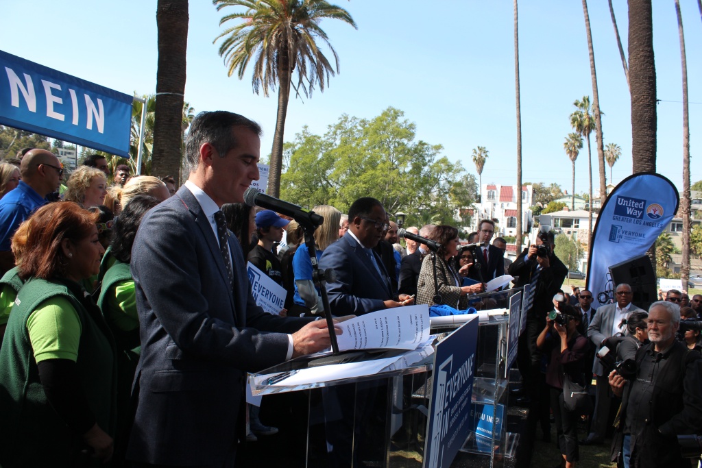 Garcetti Ridley Thomas Hilda Solis Homelessness Mayor Eric Garcetti (left) and L.A. County supervisors Mark Ridley-Thomas (center) and Supervisor Hilda Solis (far right) speak during the launch event for an anti-homelessness campaign in Echo Park on Fri., Mar. 9, 2018.