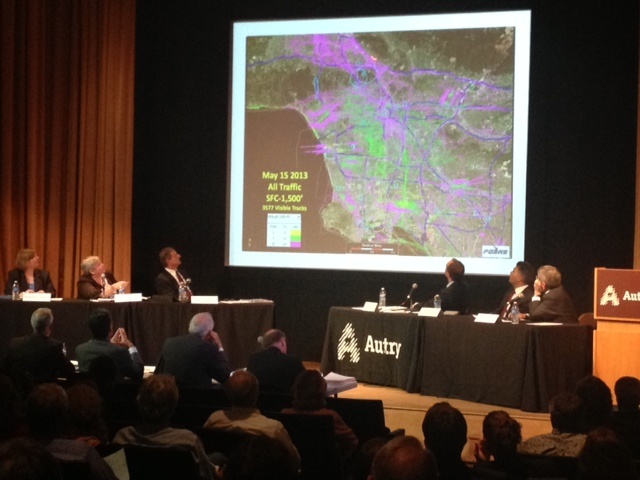 Representatives from the Federal Aviation Administration showed this map of the Los Angeles region that shows what is likely a 24-hour snapshot of helicopter flight paths. The green shows flights that are 500 to 1,000 feet above sea level. The magenta color represents flights that are 1,000 to 1,500 feet above sea level.
