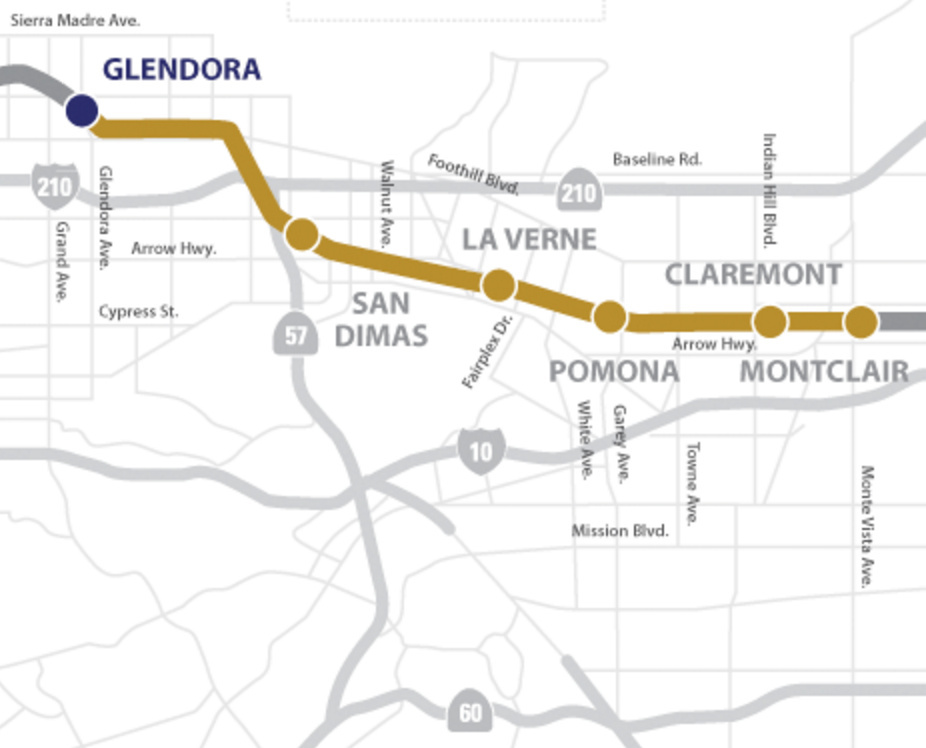A screenshot of the map showing the next phase of the Gold Line connecting Glendora to Montclair. A screenshot of the map showing the next phase of the Gold Line connecting Glendora to Montclair.
