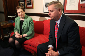 U.S. Supreme Court nominee, Solicitor General Elena Kagan (L) meets with Sen. Lindsey Graham (R-SC) (R) on Capitol Hill May 18, 2010 in Washington, DC.
