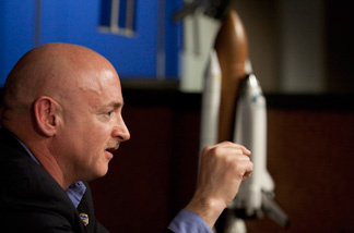 Mark Kelly, astronaut and husband of Rep. Gabrielle Giffords (D-AZ), talks about his plans for the upcoming shuttle mission at the Johnson Space Center Feb. 4, 2011 in Houston, Texas. The Endeavour space shuttle commander plans to resume his training and take part in the mission, which is scheduled to launch on April 19. Rep. Giffords was shot in the head by a gunman at an appearance in Tucson, Arizona in January.