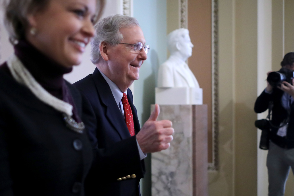 U.S. Senate Debates Tax Reform Bill Senate Majority Leader Mitch McConnell gives a thumbs-up at the U.S. Capitol December 1, 2017 in Washington, DC.