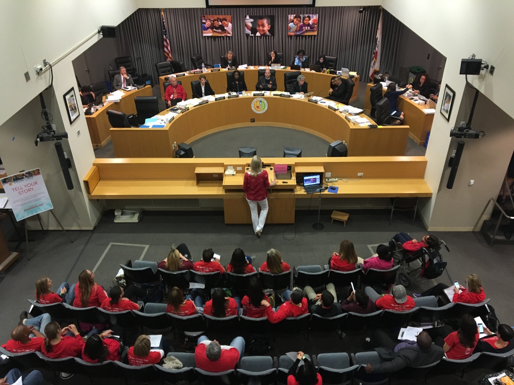 LAUSD School Board FILE - Los Angeles Unified School Board members hear public comment during a recent meeting.