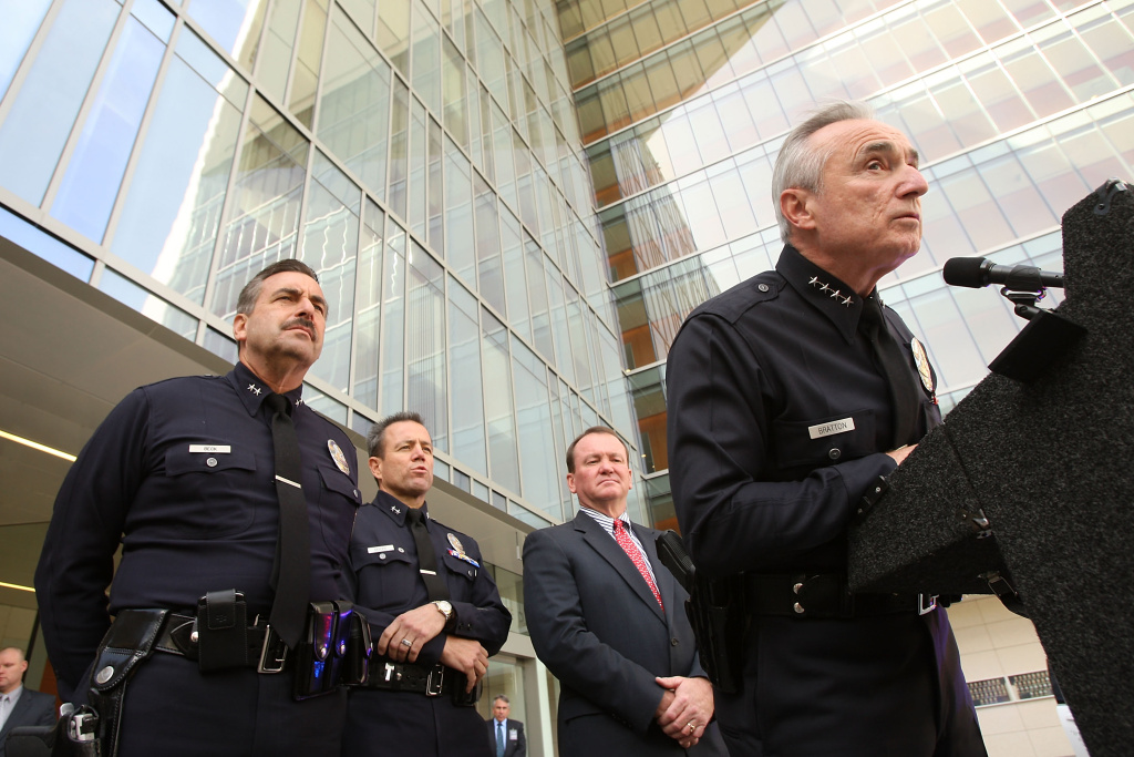LA Police Chief William Bratton Holds News Conference Michel Moore, second from left, is seen here in 2009 with William Bratton, who'd announced he was leaving as LAPD chief. He's flanked by Charlie Beck, who succeeded Bratton, and Jim McDonnell, who's now the L.A. County Sheriff.