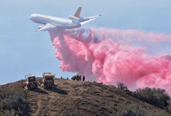 A DC-10 air tanker makes a drop in the foothill above Santa Barbara-Montecito on Thursday, Oct. 29, 2015.
