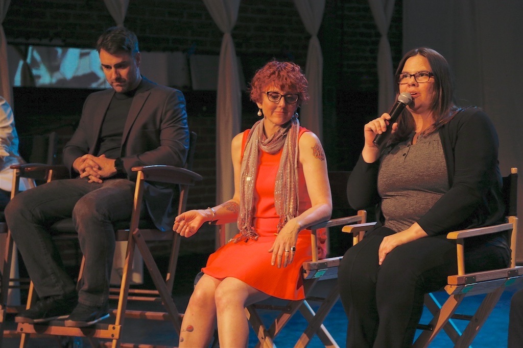 Sydney Hoffner Q&A USVAA New Works Sydney Hoffner (right) talks about Bootleg, a TV Western, with Sylvia Bowersox (center) and Brian Hanson (left) at the US Veterans’ Artists Alliance's New Works Presentation.