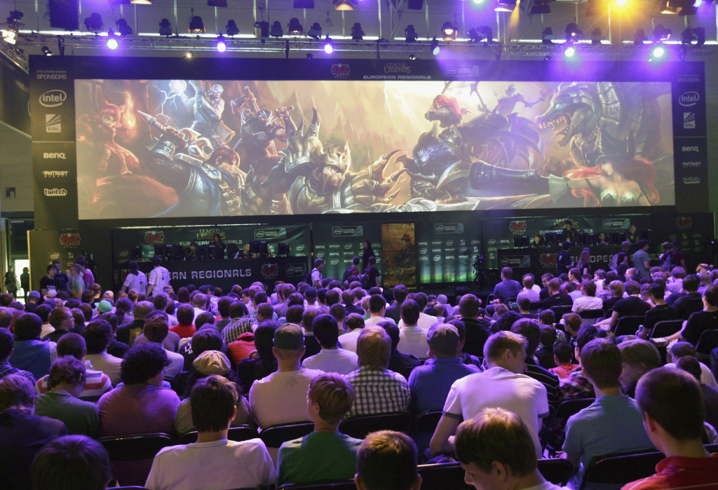 Gamescom 2012 Gaming Convention Gaming enthusiasts watch a League of Legends game 3 at the Gamescom 2012 gaming trade fair on August 16, 2012 in Cologne, Germany. Gamescom is Europe's largest gaming expo with 600 international developers exhibiting their latest products. Around 250,000 visitors are expected to attend the four-day event being held between August 15-19.