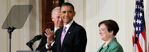 U.S. President Barack Obama (C) is joined by Vice President Joe Biden (L) while introducing Solicitor General Elena Kagan as his choice to be the nation's 112th Supreme Court justice during an event in the East Room of the White House May 10, 2010 in Washington, DC.