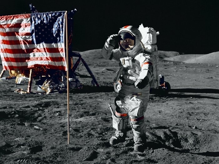 Gene Cernan Astronaut Gene Cernan salutes the U.S. flag during his moonwalk in 1972. No one else has been there since Apollo 17 left.