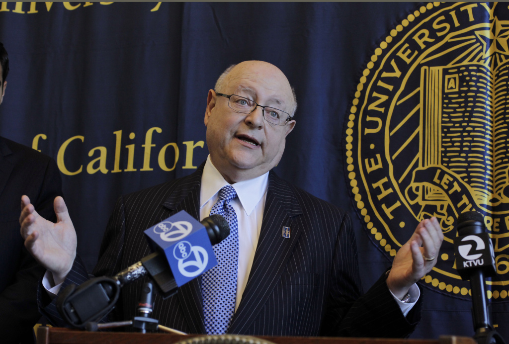 California University Cuts University of California President Mark Yudof gestures during a news conference at a UC Regents meeting in San Francisco, Wednesday, July 18, 2012, after a UC regent committee voted to freeze undergraduate tuition this fall and endorse Gov. Jerry Brown's tax initiative.
