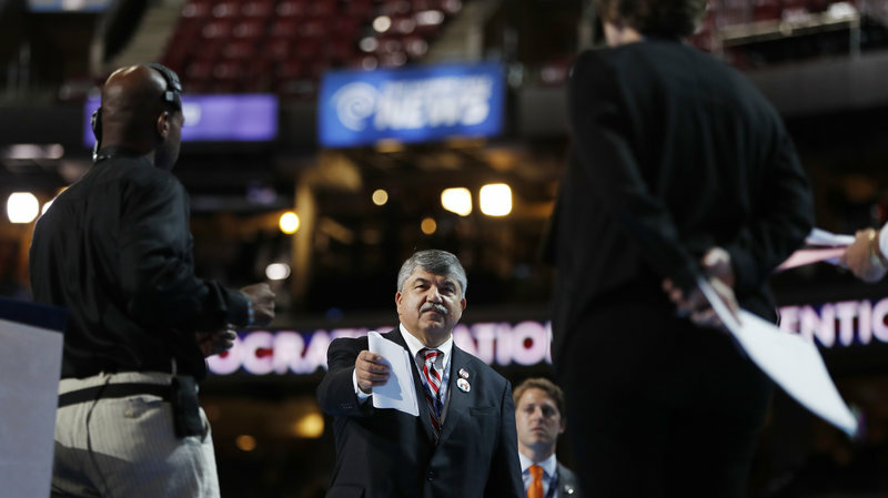 File: Richard Trumka, president of the AFL-CIO, stands on stage during a walk-through, as he prepares to appear during the 2016 Democratic National Convention in Philadelphia, Ps., on July 25, 2016. File: Richard Trumka, president of the AFL-CIO, stands on stage during a walk-through, as he prepares to appear during the 2016 Democratic National Convention in Philadelphia, Ps., on July 25, 2016.