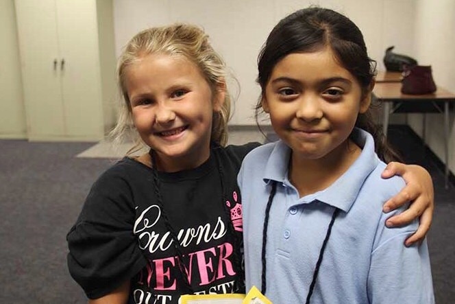 Second graders Samantha Hass and Ashley Perez after a general music class August 24, 2016. Second graders Samantha Hass and Ashley Perez after a general music class August 24, 2016.