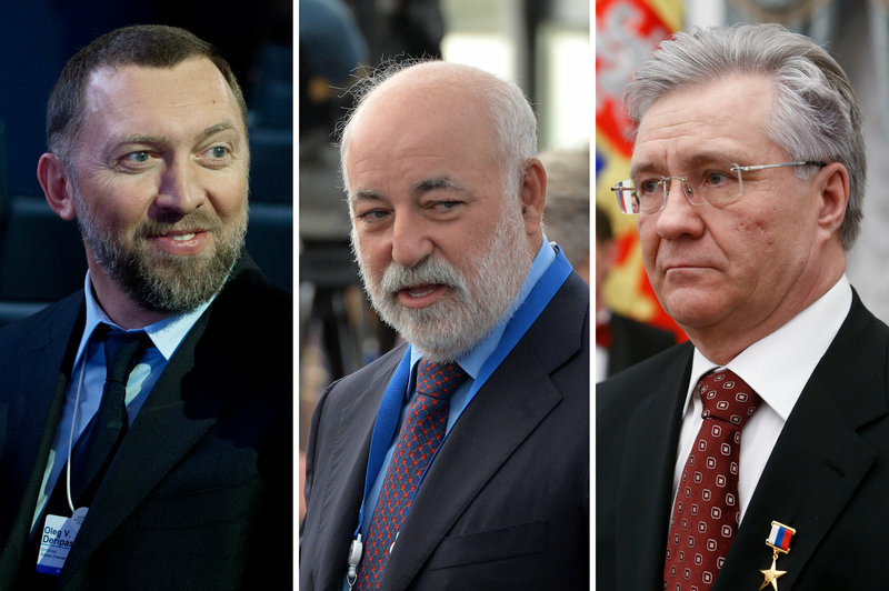 russia-sanctions-trio_custom-44f5d351bc2c8676a82f6875c2fcd93dc9b287bd-s800-c85.jpg (Left) Oleg Deripaska, Chairman of Supervisory Board of Basic Element company, in 2013. (Center) Viktor Vekselberg is the founder and Chairman of the Board of Directors of the Renova Group in 2013. (Right) Vladimir Bogdanov, Director General of Surgutneftegas oil company in 2016.