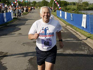 Sen. Richard Lugar has competed in the Capital Challenge 5K race every year for 29 years. Above, he crosses the finish line in 2008 at the age of 76.