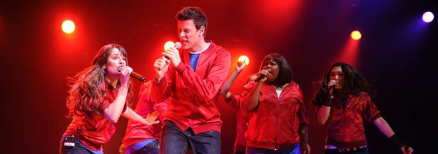 Lea Michele, Cory Monteith, Amber Riley and Jenna Ushkowitz from the cast of Glee perform at Radio City Music Hall on May 28, 2010 in New York City.